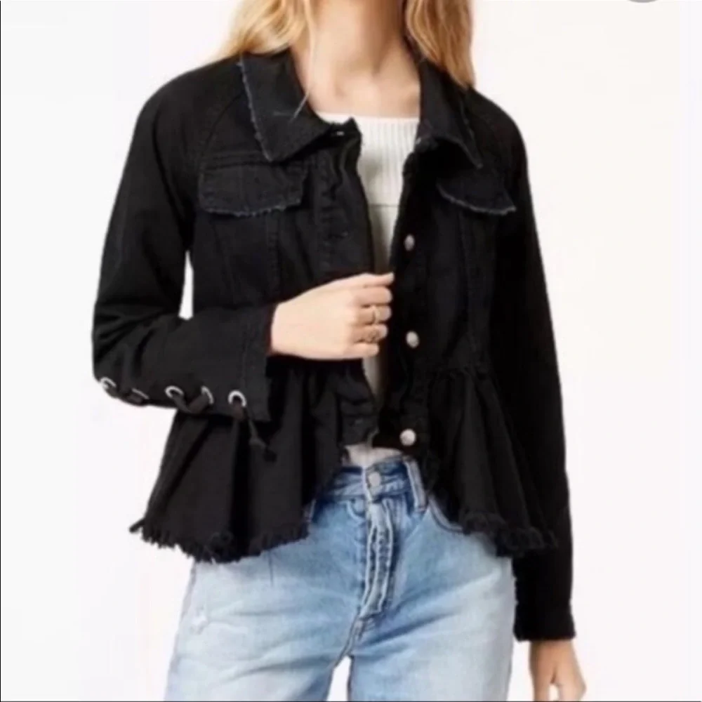 Free People Black Raw-Edge Denim Jacket with Side Tie Details NWT - Picture 5 of 16